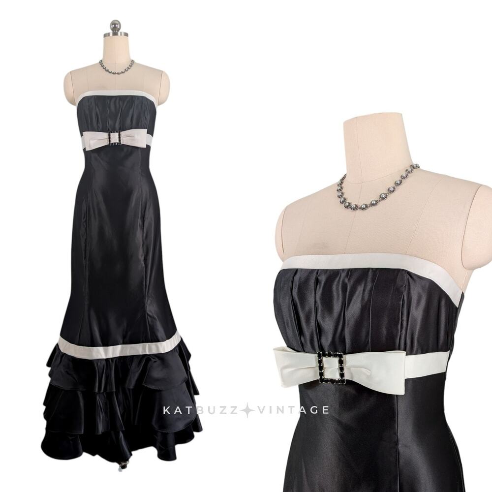Vintage McClintock Prom Dress Maxi Gown 12 Black Mermaid Bow Coquette 90s Bow
